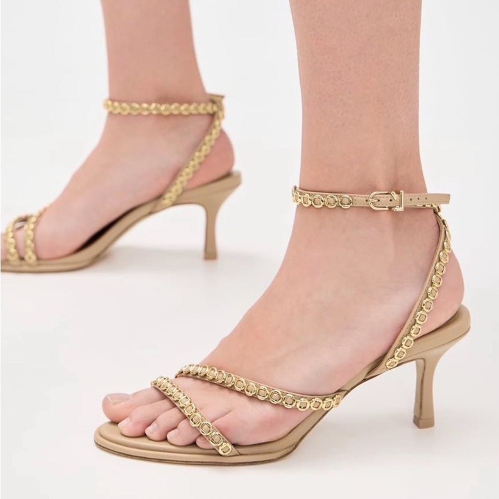 Larroude Gold-Tan Strappy Heels - Picture 2 of 10